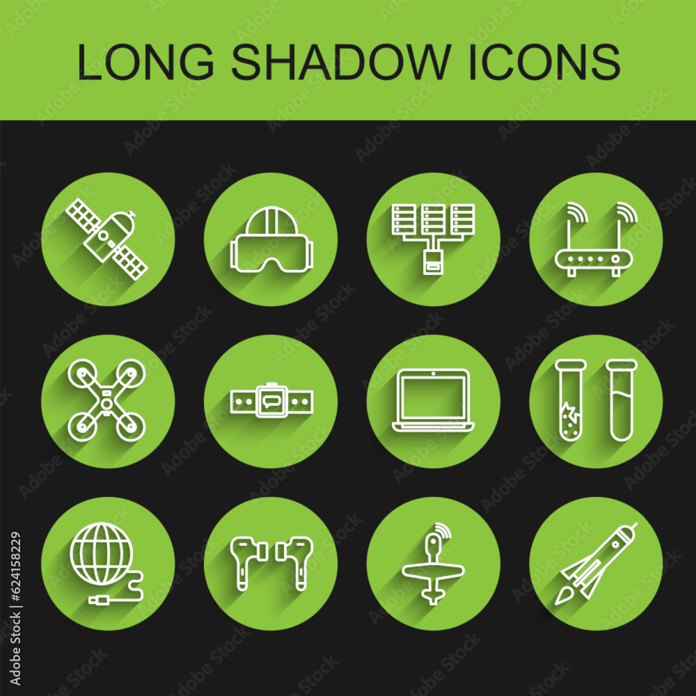 Set line Social network, Air headphones, Satellite, UAV Drone, Rocket ship with fire, Smartwatch, Test tube and flask and Laptop icon. Vector Set line Social network, Air headphones, Satellite, UAV Drone, Rocket ship with fire, Smartwatch, Test tube and flask and Laptop icon. Vector