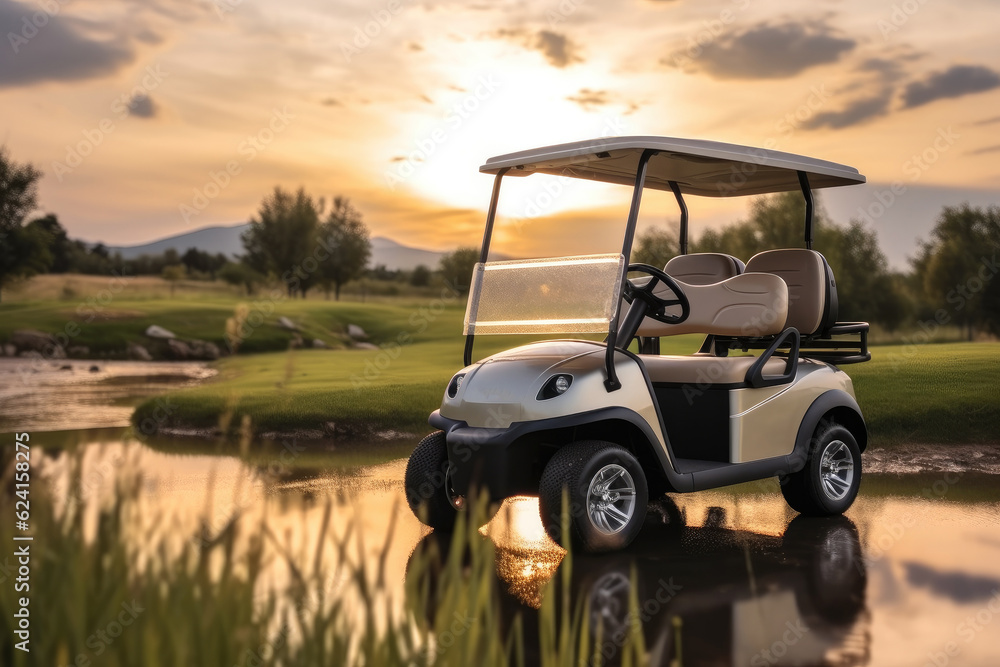 Golf cart on golf course at sunset. Golf cart on golf course at sunset.