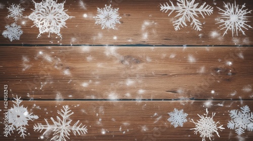 Frame made of snow with snowflakes and ice crystals on brown wooden texture.