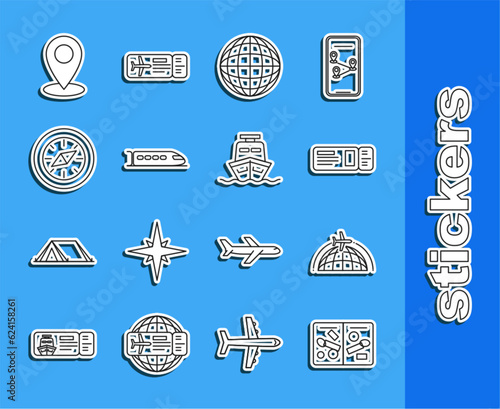 Set line Passport pages with visa stamps, Globe flying plane, Travel ticket, Earth globe, Train, Compass, Map pin and Ship icon. Vector