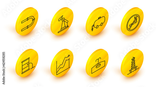 Set line Oil rig with fire, Oilfield, price increase, Barrel oil leak, No Smoking, industrial factory building, pump pump jack and Industry pipe icon. Vector