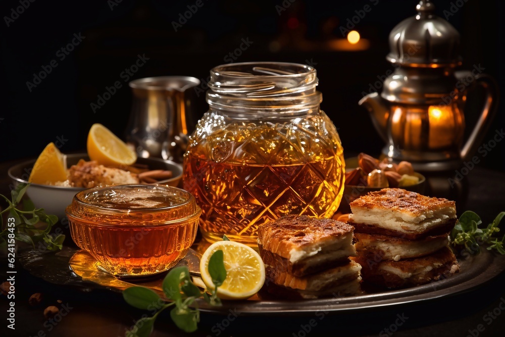 A image of jar of honey is surrounded by a field of flowers and a butterfly background and wallpaper. generative ai