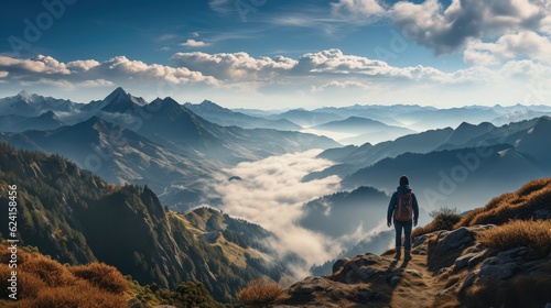 Success and goal achievement, Young man tourist with backpack relaxing on top rock.