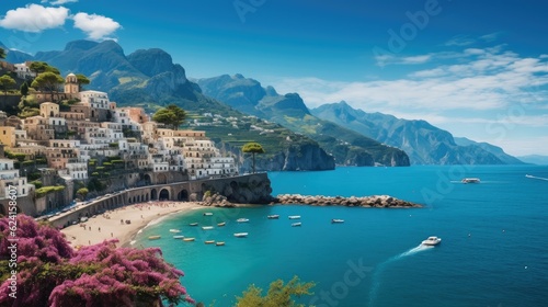 Landscape with Atrani town at famous amalfi coast, Morning view, Italy.