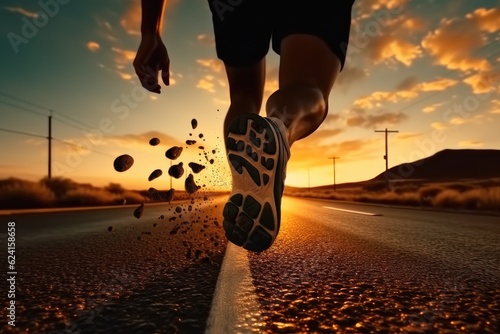 Feet of man running and exercise on the road during sunset.