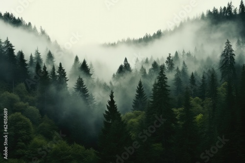 Misty landscape with fir forest  Foggy trees in morning light.