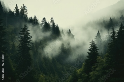 Misty landscape with fir forest, Foggy trees in morning light. © visoot