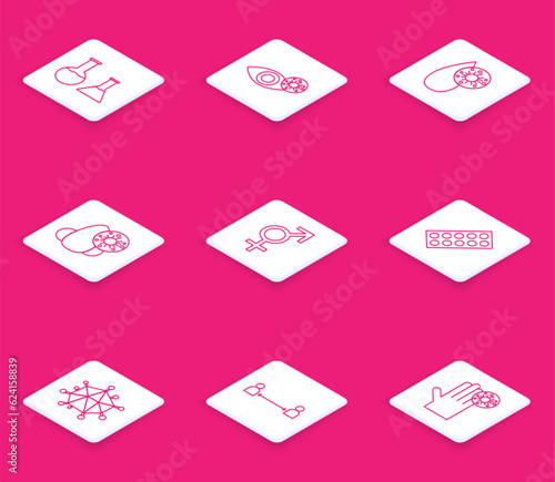 Set line Test tube and flask, Reddish eye due to virus, Blood test, Runny nose, Gender, Pills in blister pack, Virus and Safe distance icon. Vector