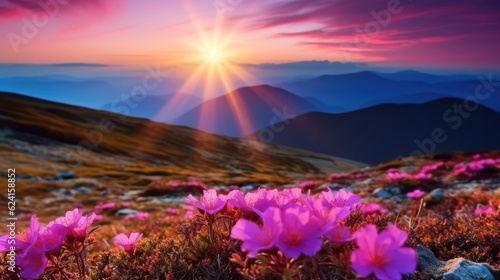 Blooming pink flower on top mountain at sunset  Beautiful nature.