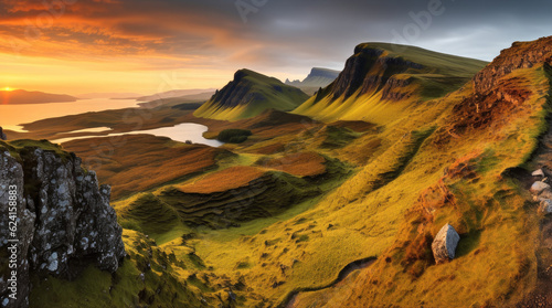 Quiraing mountains sunset at Isle of Skye during summer, Hiker, Hiking, Adventure.