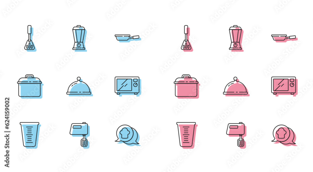 Set line Measuring cup, Electric mixer, Spatula, Chef hat speech bubble, Covered with tray of food, Microwave oven, Cooking pot and Blender icon. Vector Set line Measuring cup, Electric mixer, Spatula, Chef hat speech bubble, Covered with tray of food, Microwave oven, Cooking pot and Blender icon. Vector