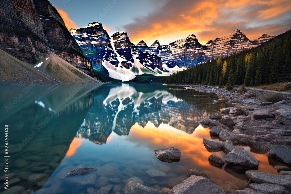 Sunrise at moraine lake in the valley of the ten peaks in Canadian Rockies.