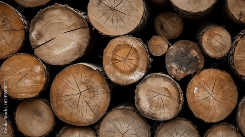 Stack of wooden stumps in cross section texture background  Wood industry background  Firewood.