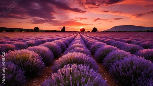 Rows of lavender in bloom ready to be collected  Lavender field summer sunset landscape.