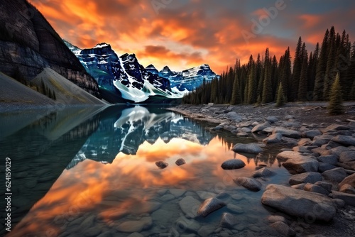 Sunrise at moraine lake in the valley of the ten peaks in Canadian Rockies. photo