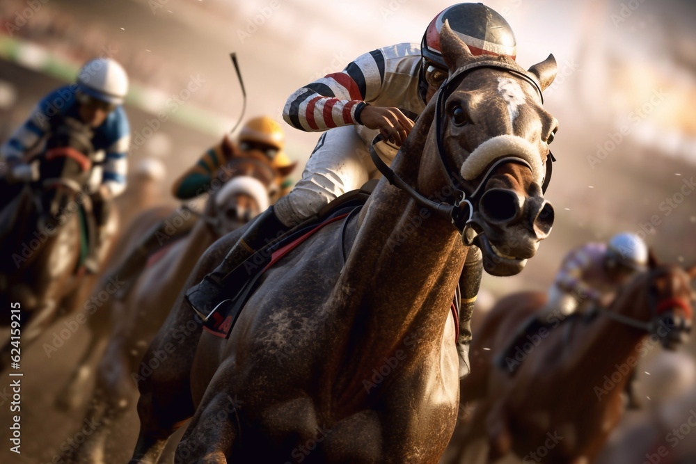 Naklejka premium Equestrian sport young boy rides on horse on championship. generative ai