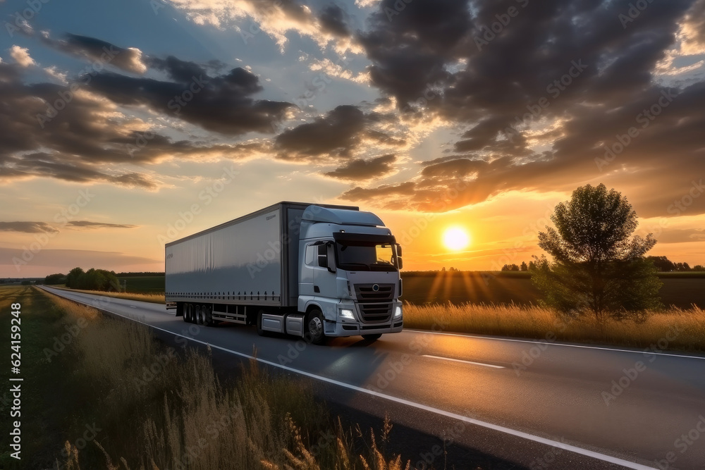 White truck driving on the asphalt road at sunset.