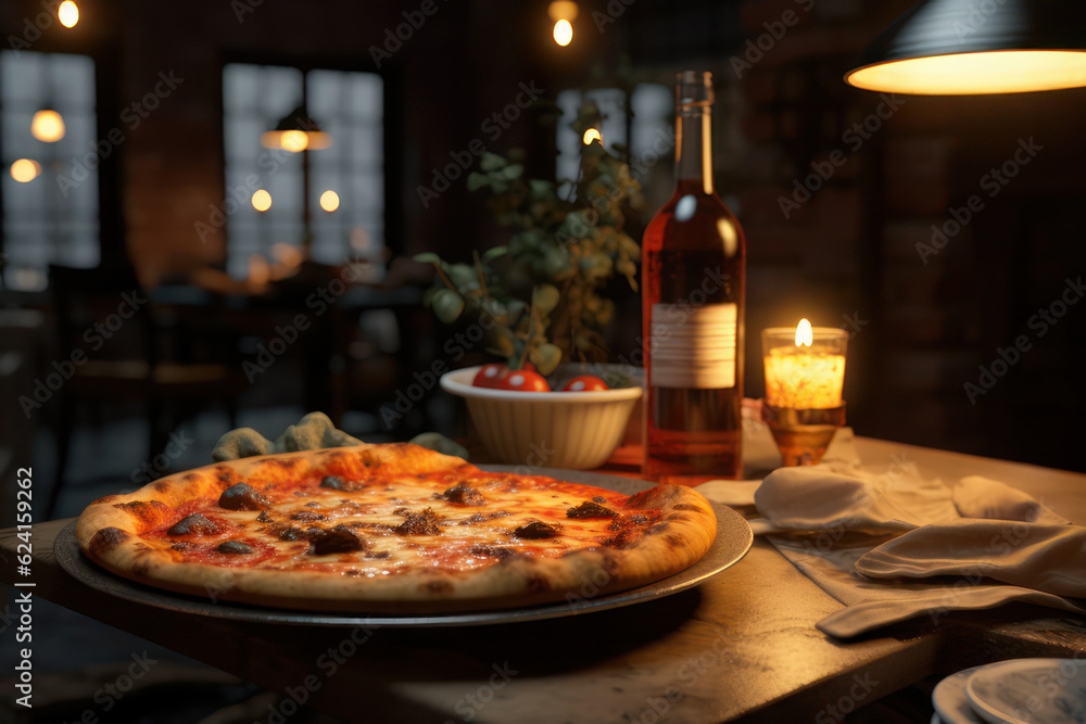Pizza and wine in the restaurant. AI generative.