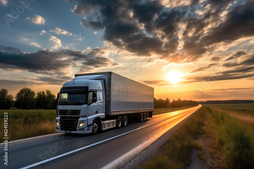 White truck driving on the asphalt road at sunset.