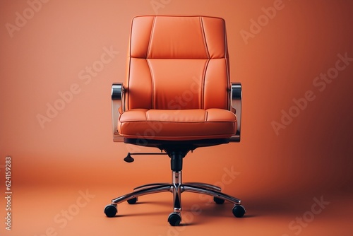 Front view of Genuine Leather office chair, isolated on red background with clipping path. generative ai