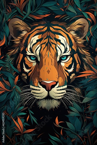 A tiger's face zoomed in with green leaf background. (Generative AI)