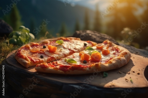 Pizza on the background of the forest and mountains. AI generative.