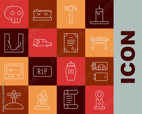 Set line Location grave, Crematorium, Dead body in the morgue, Hammer, Hearse car, Cemetery digged hole, Skull and Death certificate icon. Vector