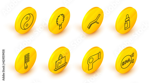 Set line Spa salon, Hair dryer, Aroma candle, Hairbrush, Essential oil bottle, Sunbed umbrella, Sauna broom and Yin Yang icon. Vector