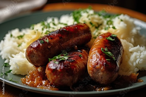 Bavarian fried sausages on sauerkraut. Image generated by artificial intelligence