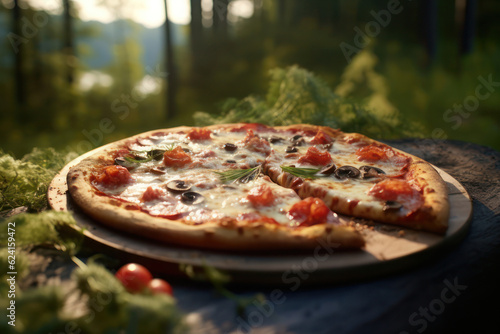 Pizza on the background of the forest. AI generative.