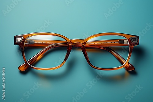 Optic glasses on the table yellow eyeglasses frame on blue background . generative ai