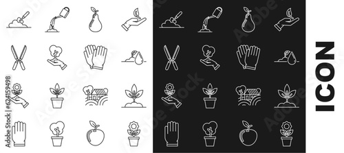 Set line Flower in pot, Plant, Watering sprout, Pear, Tree hand of environmental protection, Gardening handmade scissors for trimming, trowel spade shovel the ground and gloves icon. Vector