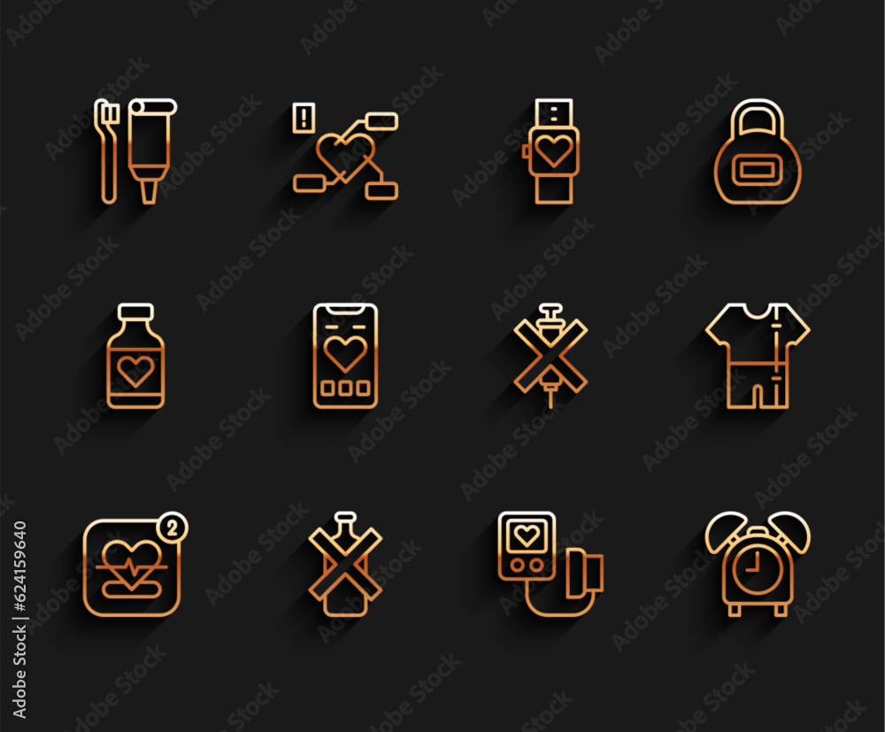 Set line Mobile with heart rate, No alcohol, Toothbrush and toothpaste, Blood pressure, Alarm clock, Sport track suit and doping syringe icon. Vector Set line Mobile with heart rate, No alcohol, Toothbrush and toothpaste, Blood pressure, Alarm clock, Sport track suit and doping syringe icon. Vector