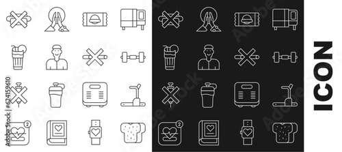 Set line Bread toast, Treadmill machine, Dumbbell, Sports nutrition, Positive thinking, Fresh smoothie, No junk food and Smoking icon. Vector