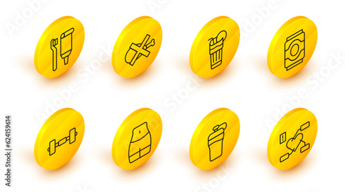 Set line Attention to health heart, Fitness shaker, Women waist, Dumbbell, Soda can, Fresh smoothie, No meat and Toothbrush and toothpaste icon. Vector
