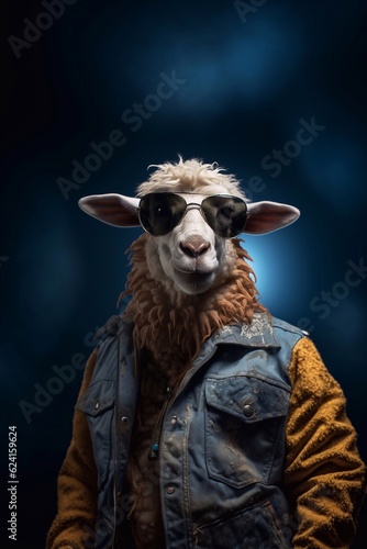 Sheep wearing sunglasses on a blue background generative ai