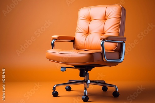 side view of Genuine Leather office chair for Executive Officer, isolated on yellow background with clipping path. generative ai