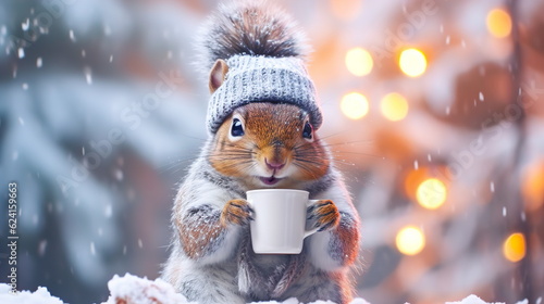A cheerful cute squirrel in a knitted hat drinks cocoa from a cup against the background of a winter forest with fir trees, snow and colorful lights. Postcard for the New Year holidays.Generative AI