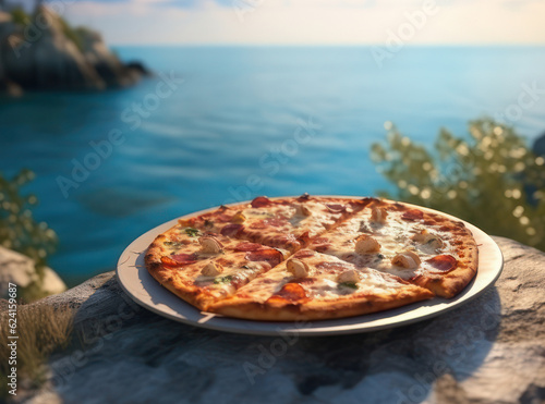 Pizza on the background of the sea. AI generative.