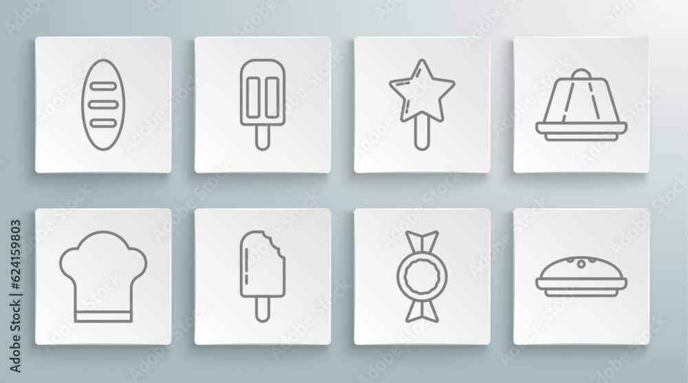 Set line Chef hat, Ice cream, Candy, Homemade pie, Lollipop, Pudding custard and Bread loaf icon. Vector Set line Chef hat, Ice cream, Candy, Homemade pie, Lollipop, Pudding custard and Bread loaf icon. Vector
