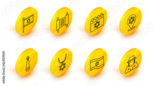 Set line Orthodox jewish hat, Flag of Israel, Star David necklace on chain, Burning candle, Jewish calendar, Torah scroll and icon. Vector