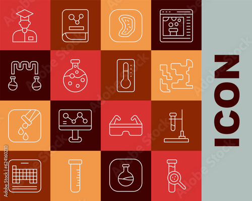 Set line Test tube and flask, on fire, Gaseous, Bacteria, Laboratory assistant and Medical thermometer icon. Vector
