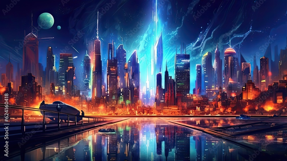 A futuristic abstract cityscape at night, with neon lights and a futuristic skyline, evoking a sense of nocturnal excitement and innovation. Colorful illustration art. Generative AI