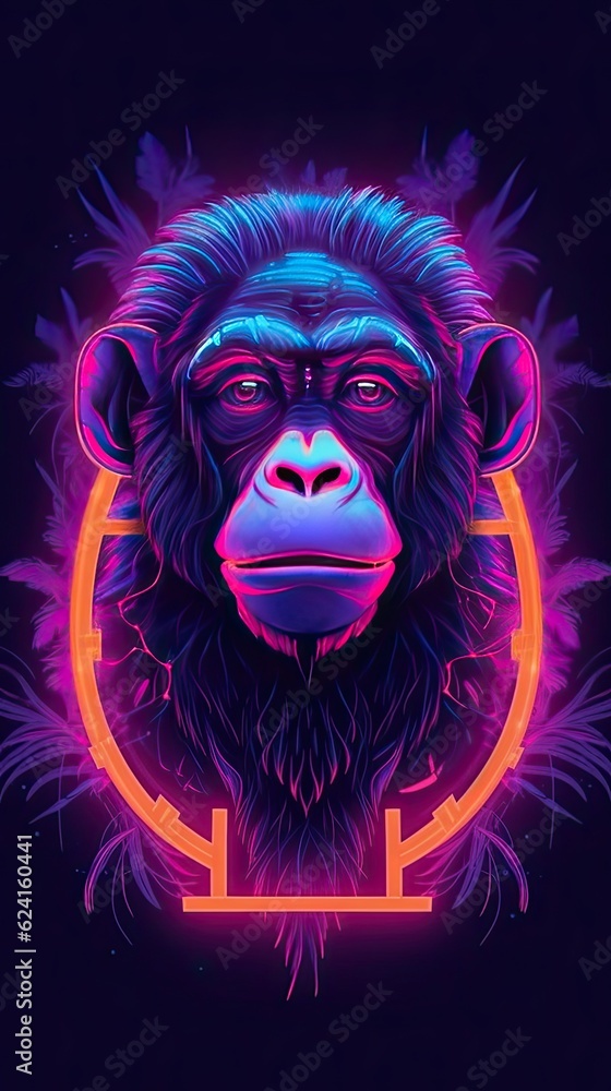 Neon light Ape animal on black background. Portrait of glow light animal. Generative AI