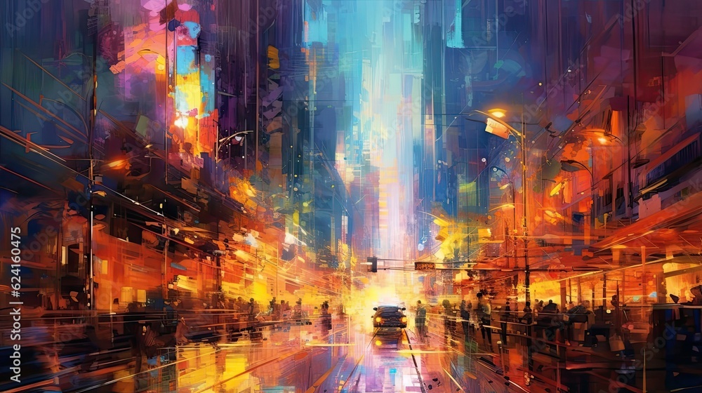 A bold and dramatic abstract cityscape with towering skyscrapers and intense splashes of color, evoking a sense of urban vibrancy and dynamism. Colorful illustration art. Generative AI