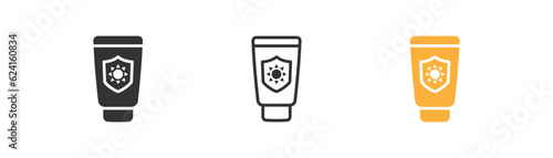 Spf 50+ sunscreen cream icon isolated on white background. Sun protection symbol. Skin UV protection, sunscreen, summer, shield, lotion, tanning. Flat design for web UI. Vector illustration.