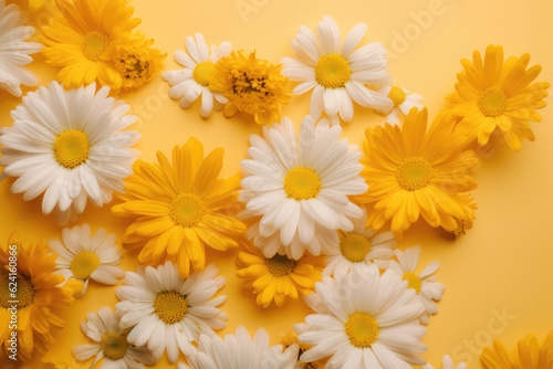 Top view of white chamomile flowers isolated on a flat yellow surface background. Floral pattern with realistic daisies. Generative AI.