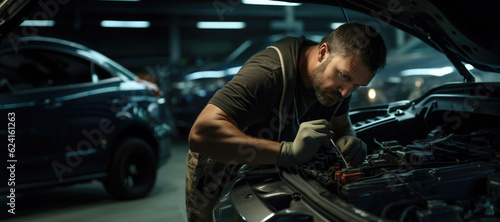 A mechanic reparing a car in a garage
