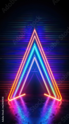 An abstract neon stage featuring glowing tetrahedrons suspended in mid-air, creating an otherworldly and surreal atmosphere. Abstract futuristic neon light background. Generative AI