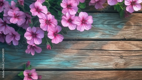 Geranium flowers on wooden planks background. Beautiful blooming plants. Generative AI